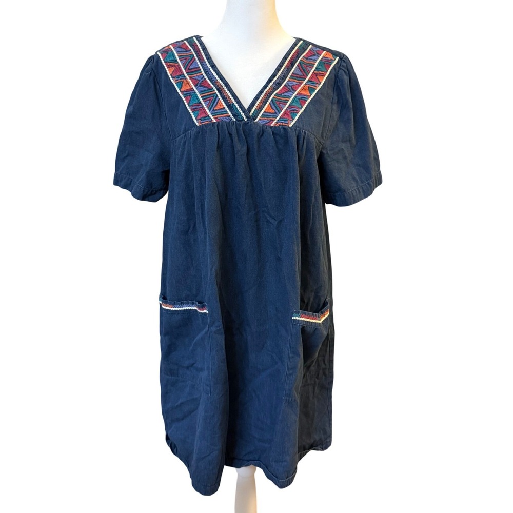 Go Softly Patio Womens Denim Embroidered Short Sleeve 100% Cotton‎ Dress Small